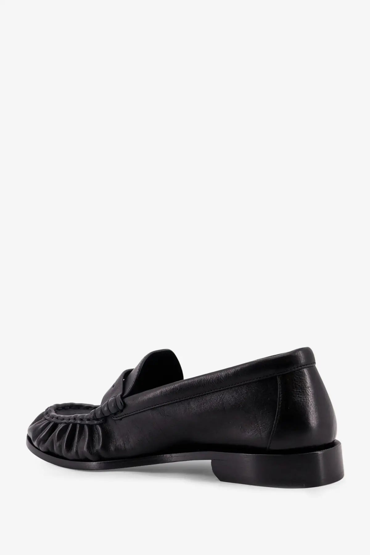 Saint Laurent men’s le loafer black leather loafer with ruched toe and low block heel, front view