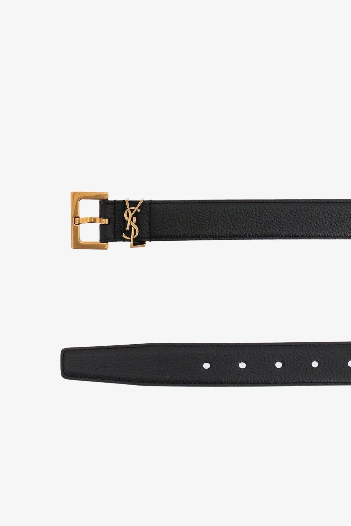 Saint Laurent men’s black leather belt with gold-tone YSL buckle and logo front view