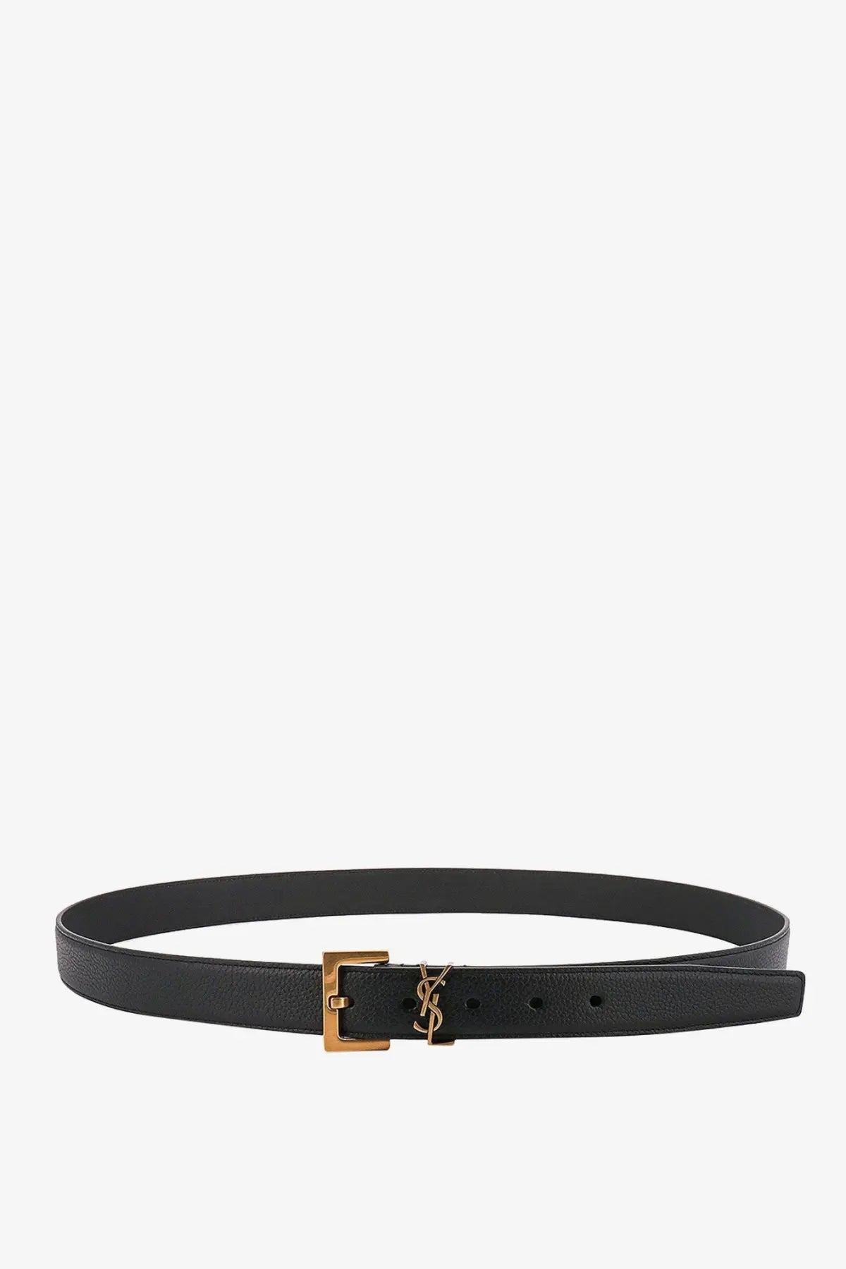 Saint Laurent men’s black leather belt with gold-tone YSL logo buckle for stylish everyday wear