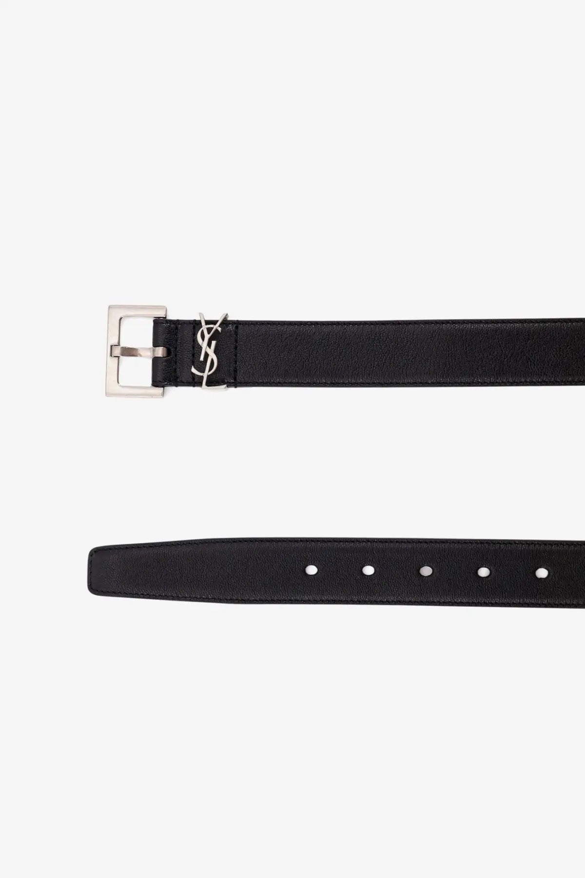 Saint Laurent men’s black leather belt with silver-tone buckle featuring the YSL logo front view