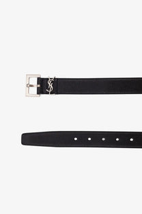 Saint Laurent men’s black leather belt with silver-tone buckle featuring the YSL logo front view