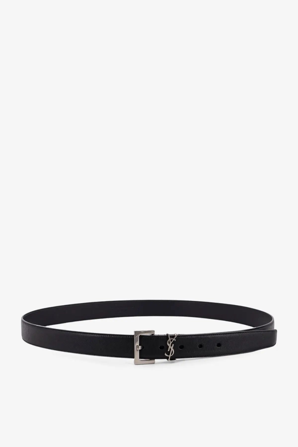 Saint Laurent men’s black leather belt with silver tone ysl buckle for stylish and elegant wear