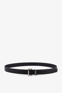 Saint Laurent men’s black leather belt with silver tone ysl buckle for stylish and elegant wear