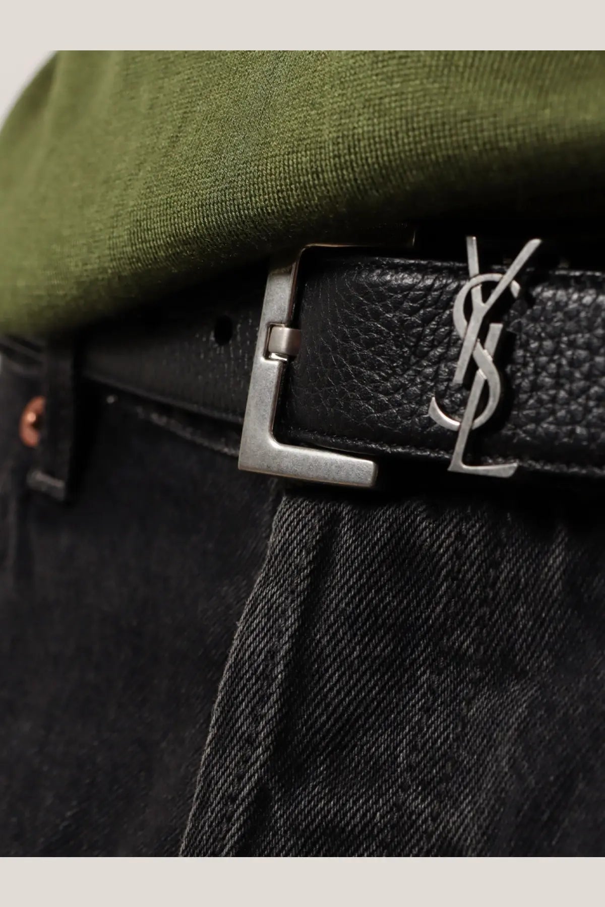 Saint Laurent men’s black leather belt with a silver-tone ysl buckle for stylish and elegant wear