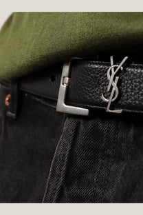 Saint Laurent men’s black leather belt with silver-tone YSL buckle for stylish and elegant wear