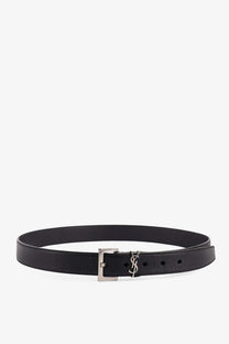 Saint Laurent men’s black leather belt with silver-toned ysl logo buckle for stylish everyday wear