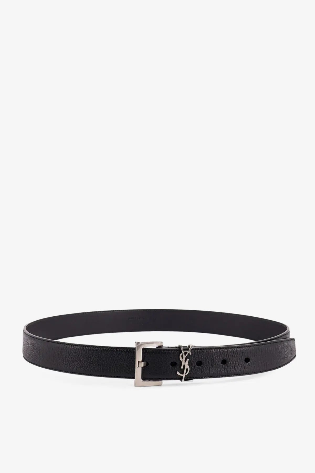 Saint Laurent men’s black leather belt with silver-toned ysl logo buckle for stylish everyday wear