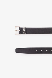 Saint Laurent men’s leather belt black with textured leather and silver-tone YSL buckle