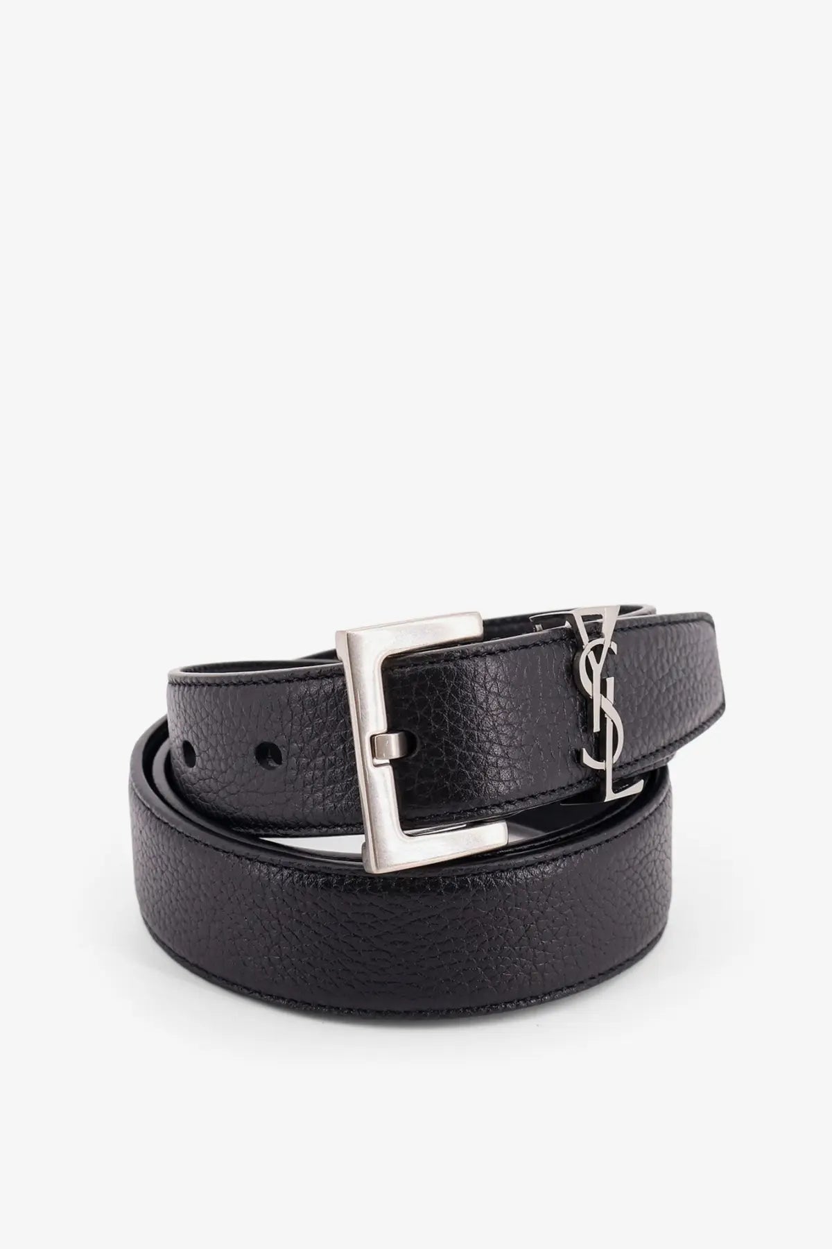 Saint Laurent men’s black textured leather belt with silver-tone rectangular buckle featuring YSL logo