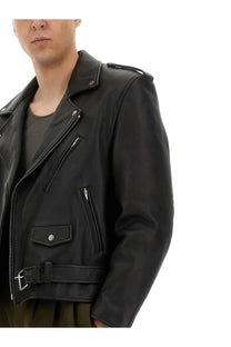 Saint Laurent men’s black leather biker jacket with silver zippers and a belt buckle