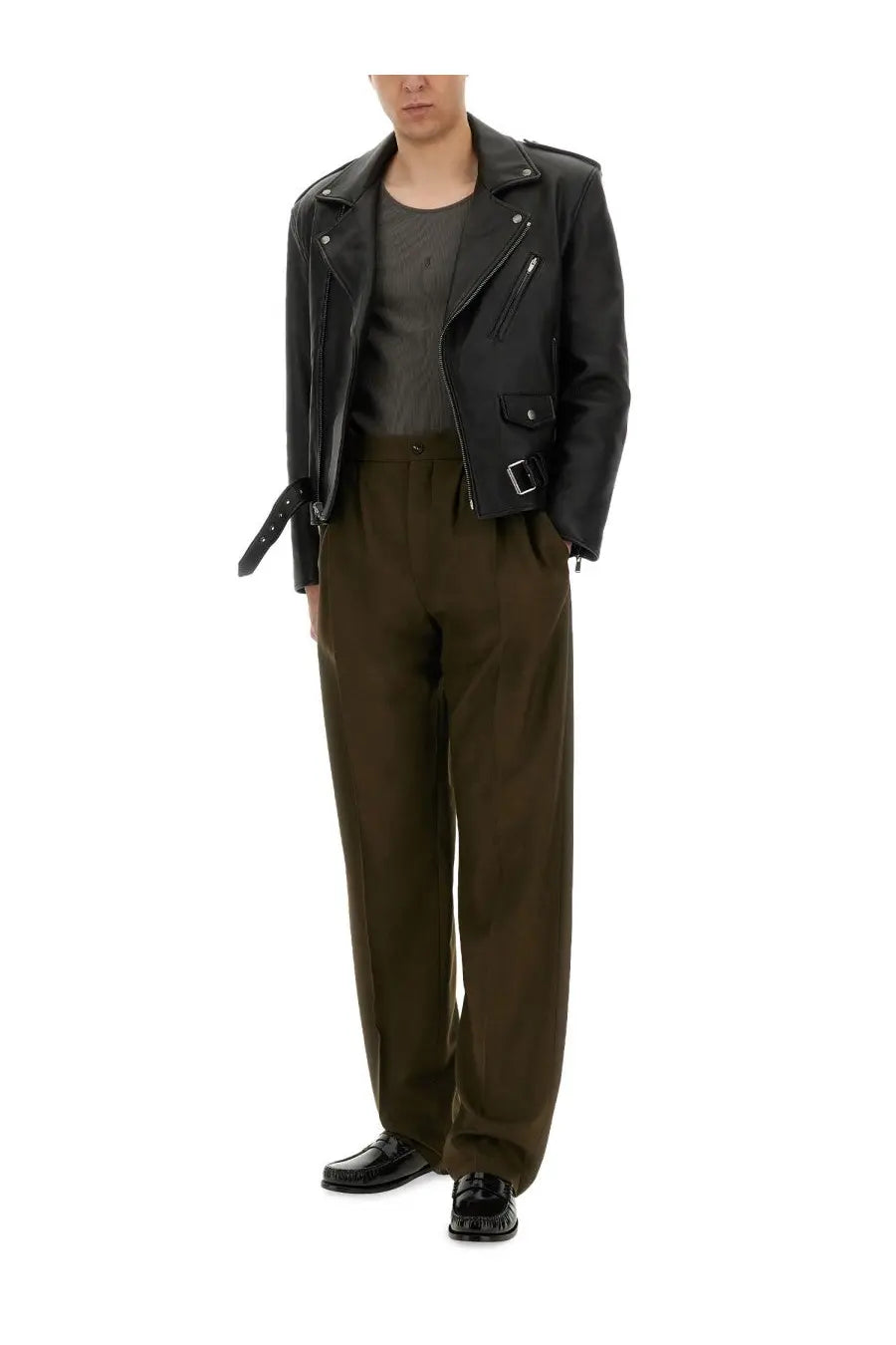 Saint Laurent men’s black leather biker jacket with silver zippers and buckle details in sleek leather design
