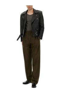 Saint Laurent men’s black leather biker jacket with silver zippers and buckle details in sleek leather design
