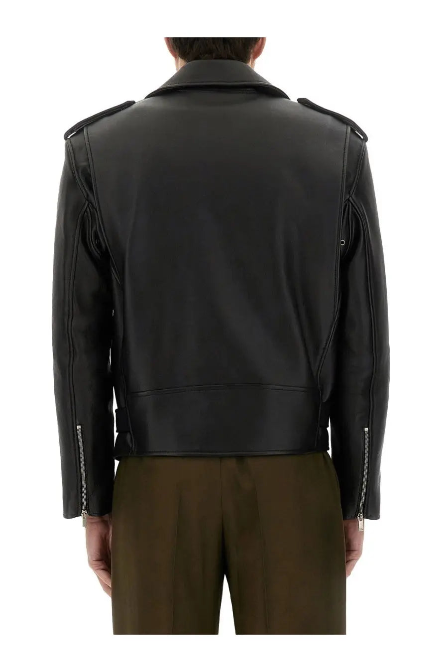Saint Laurent men’s black leather biker jacket with silver zippers and shoulder epaulets for a stylish look