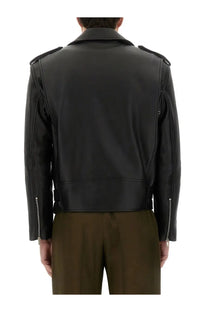 Saint Laurent men’s black leather biker jacket with silver zippers and shoulder epaulets for a stylish look