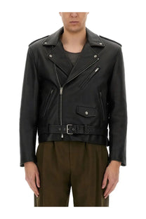 Saint Laurent men’s black leather biker jacket with silver zippers and snap buttons front view