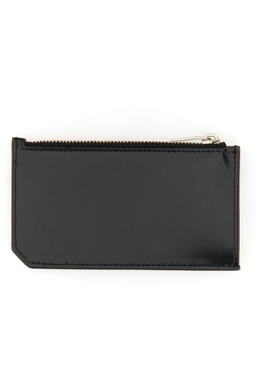 Saint Laurent men’s black leather card holder with black patent leather and silver-toned zippered pull