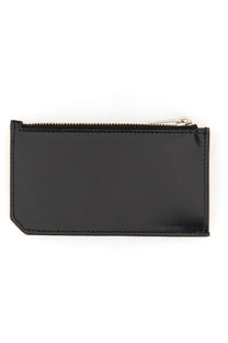Saint Laurent men’s black leather card holder with black patent leather and silver-toned zippered pull