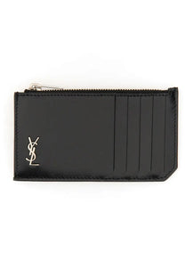Saint Laurent men’s black leather card holder with silver ysl logo and zipper for stylish card organization