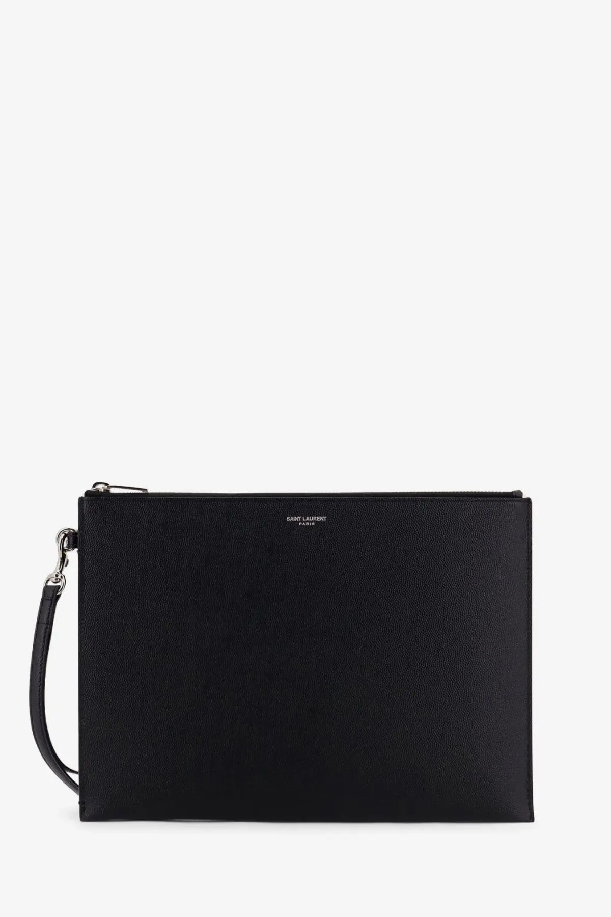 Saint Laurent men’s black leather clutch with silver zipper wrist strap and embossed Saint Laurent Paris logo on front