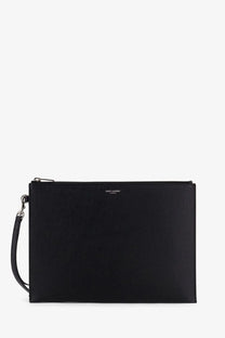 Saint Laurent men’s black leather clutch with silver zipper wrist strap and embossed Saint Laurent Paris logo on front