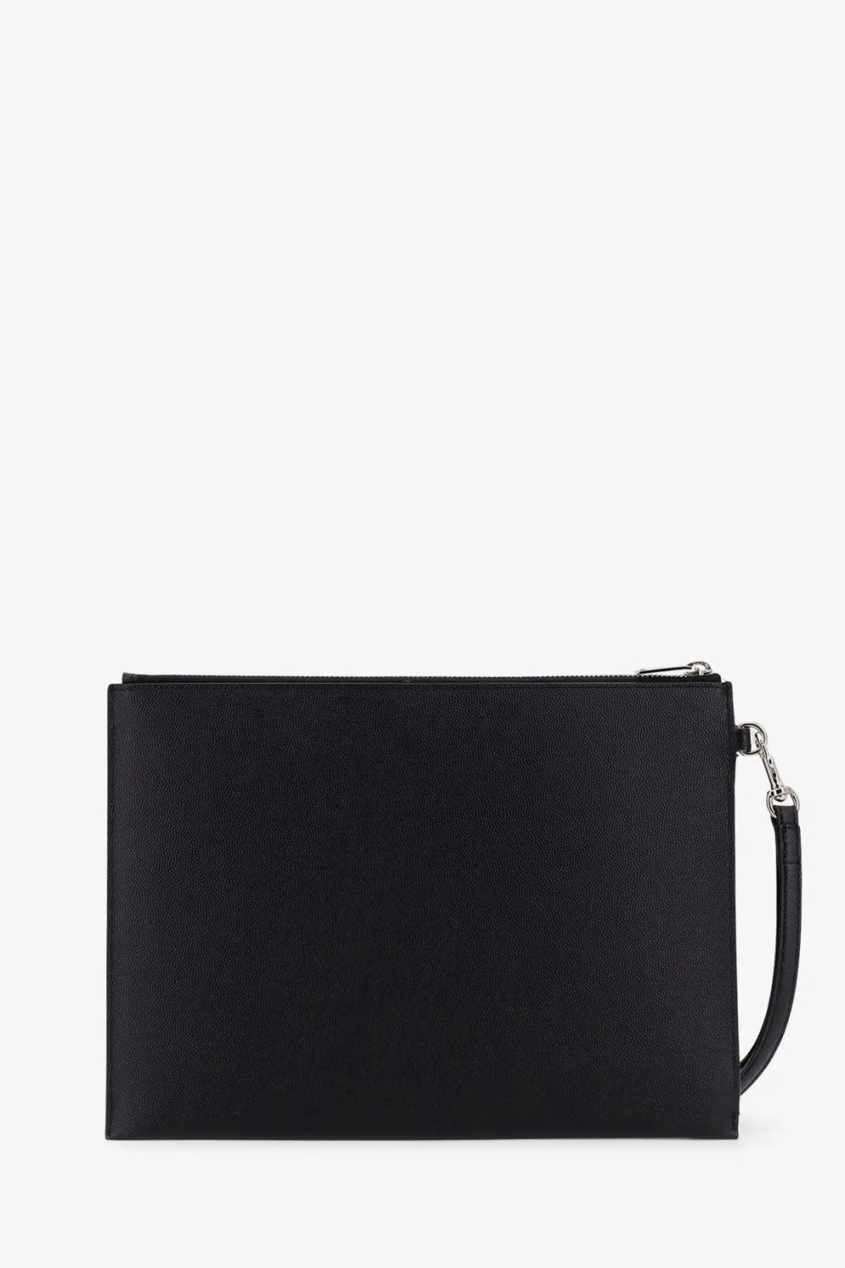 Saint Laurent men’s black leather clutch with textured finish silver zipper and matching wrist strap