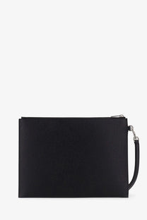 Saint Laurent men’s black leather clutch with textured finish silver zipper and matching wrist strap