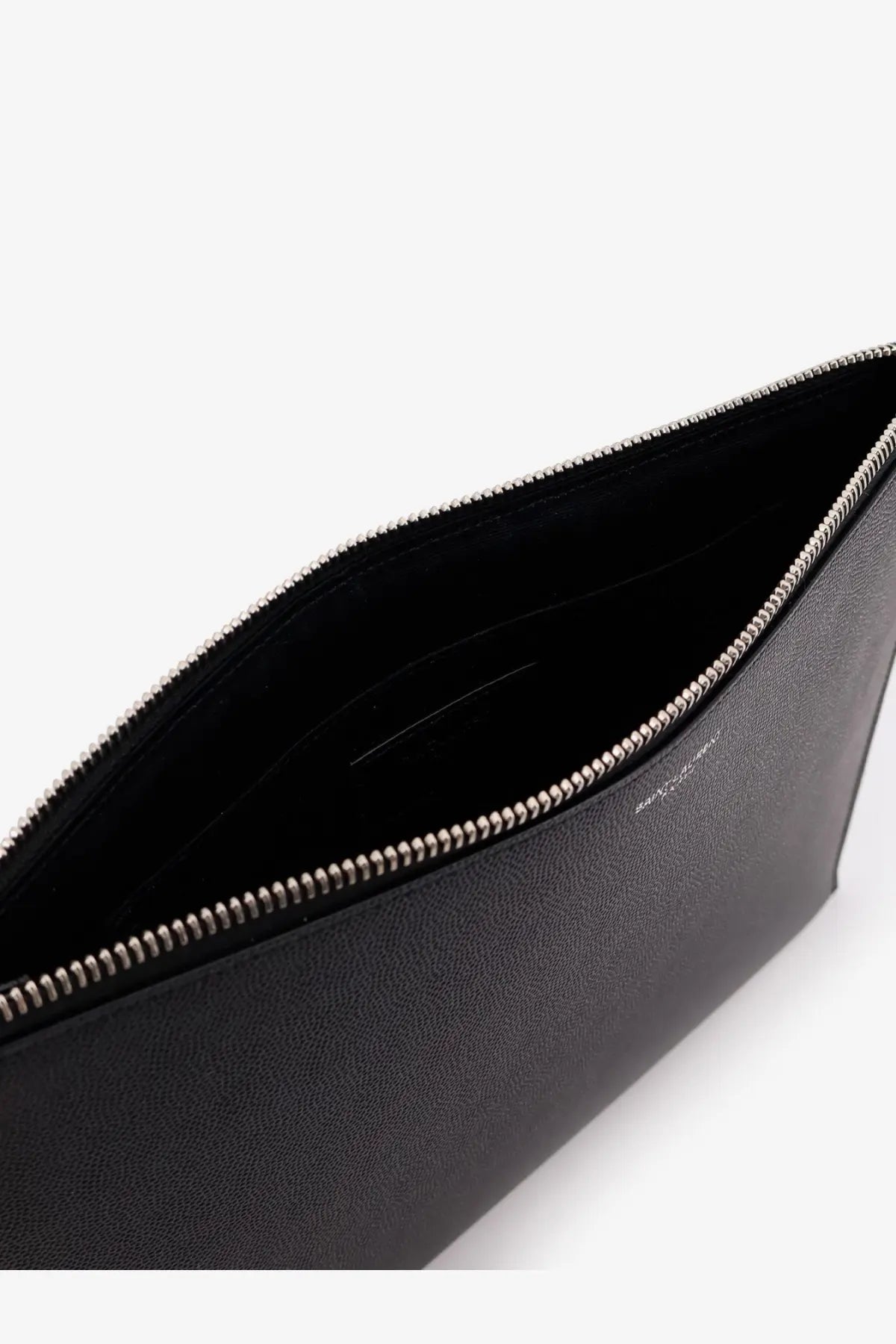 Saint Laurent men’s leather clutch black with textured leather, silver zipper, and interior lining