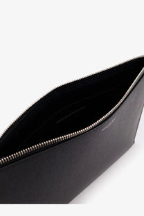 Saint Laurent men’s leather clutch black with textured leather, silver zipper, and interior lining