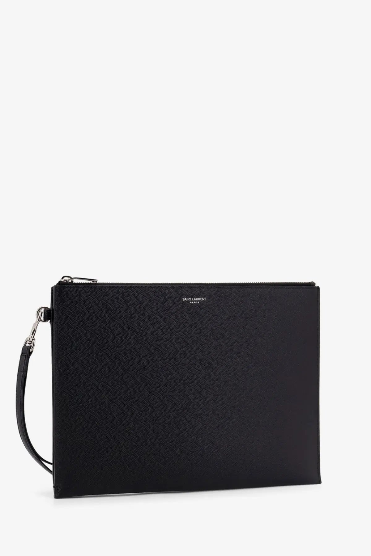 Saint Laurent men’s leather clutch black with textured leather, silver-toned zipper, and wrist strap