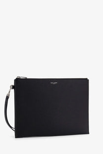 Saint Laurent men’s leather clutch black with textured leather, silver-toned zipper, and wrist strap