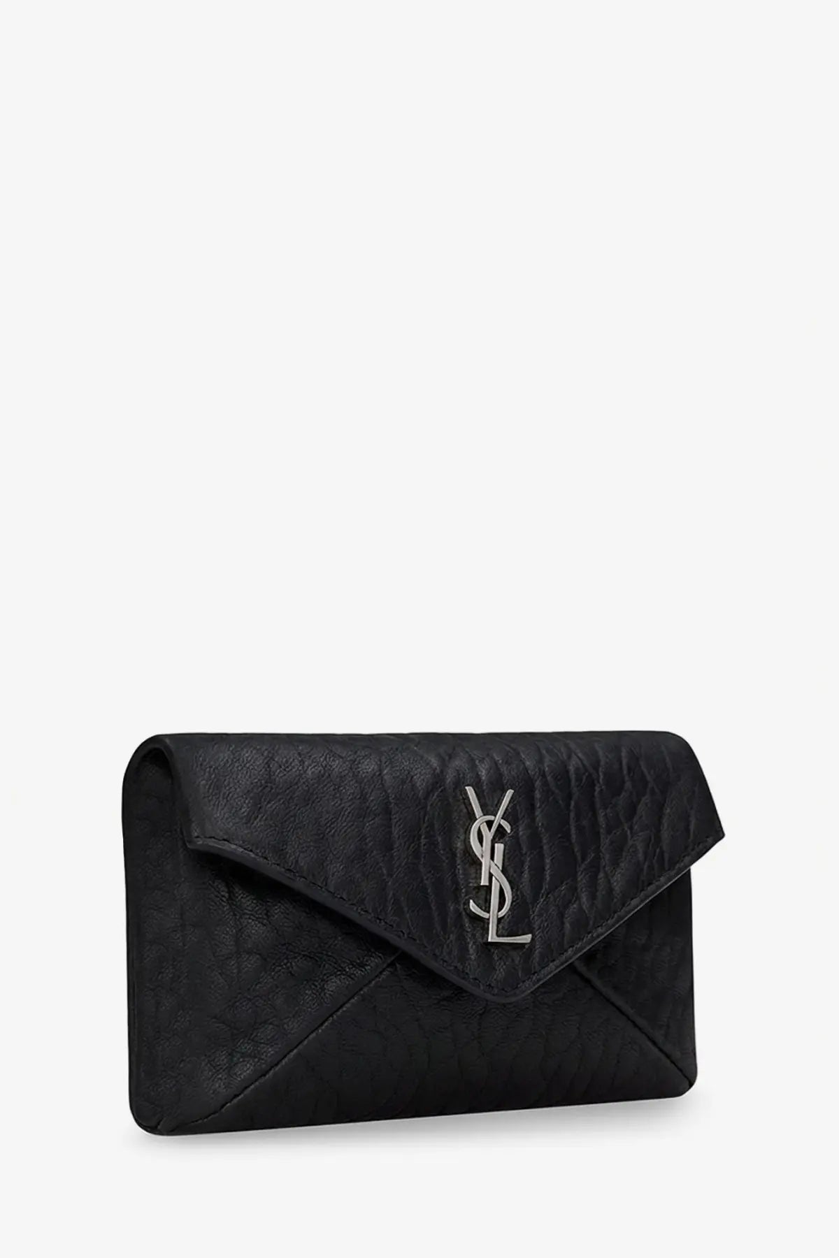 Saint Laurent men’s black leather envelope card holder with crocodile embossing and silver YSL logo clasp