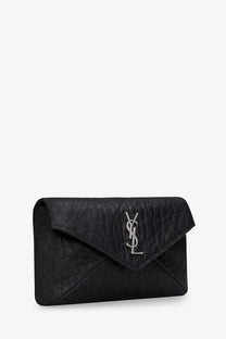 Saint Laurent men’s black leather envelope card holder with crocodile embossing and silver YSL logo clasp