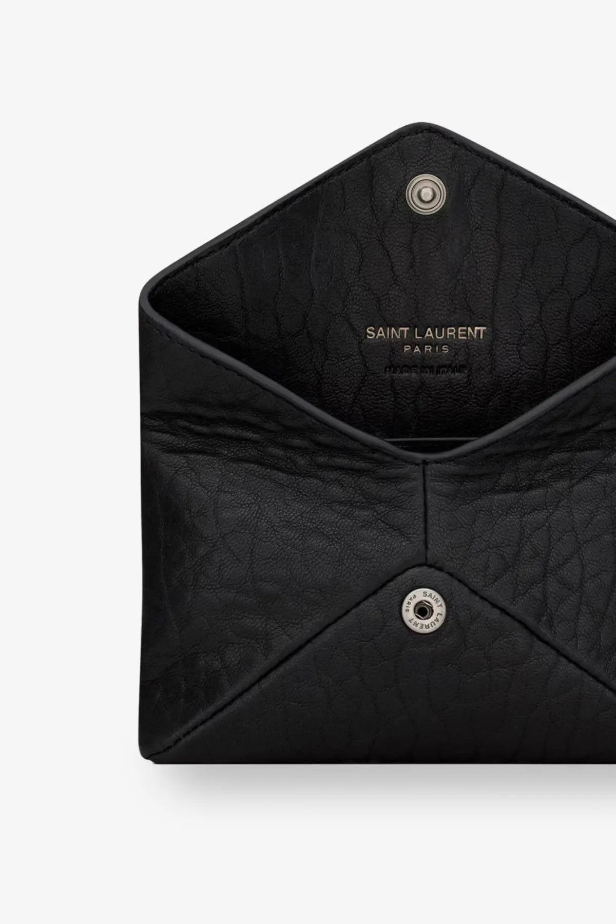 Saint Laurent men’s black leather envelope card holder with textured leather silver-tone hardware and embossed interior branding
