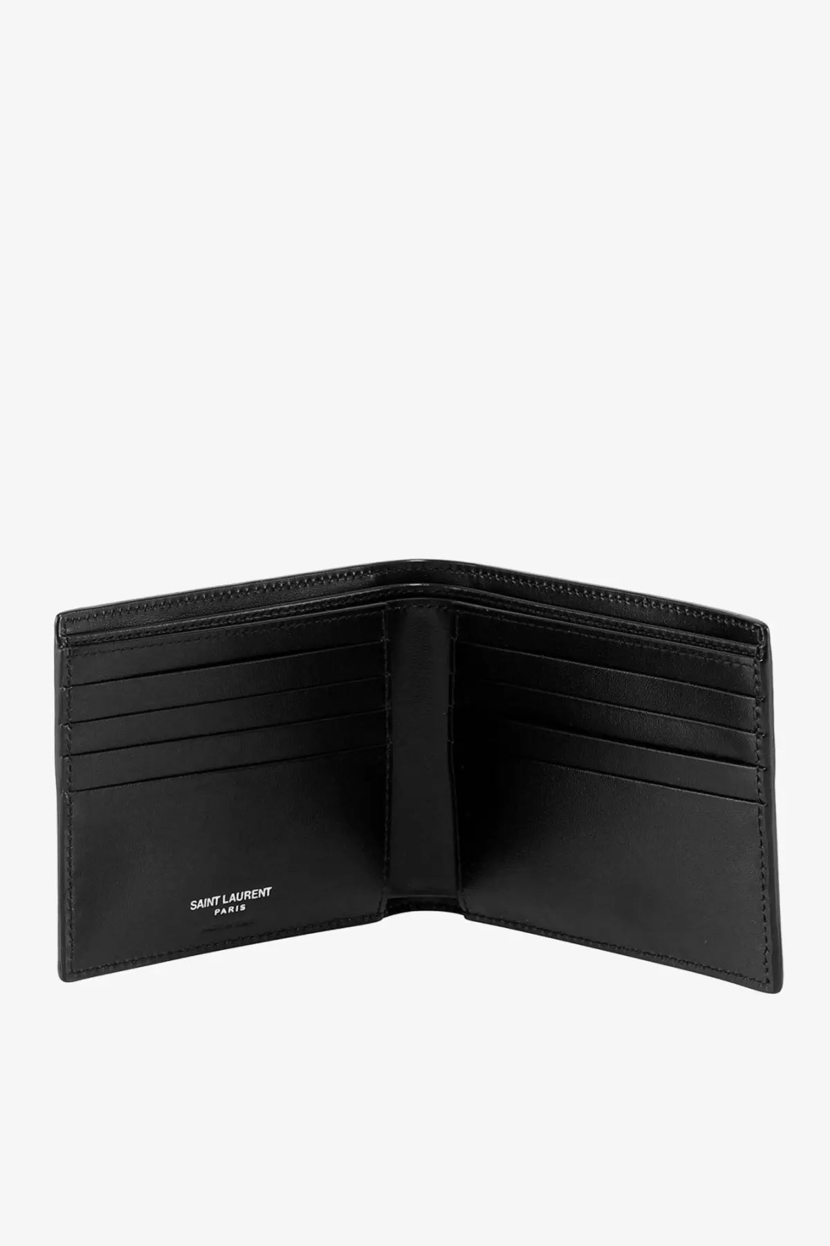 Saint Laurent men’s black leather bi-fold wallet with embossed branding on the inner left side