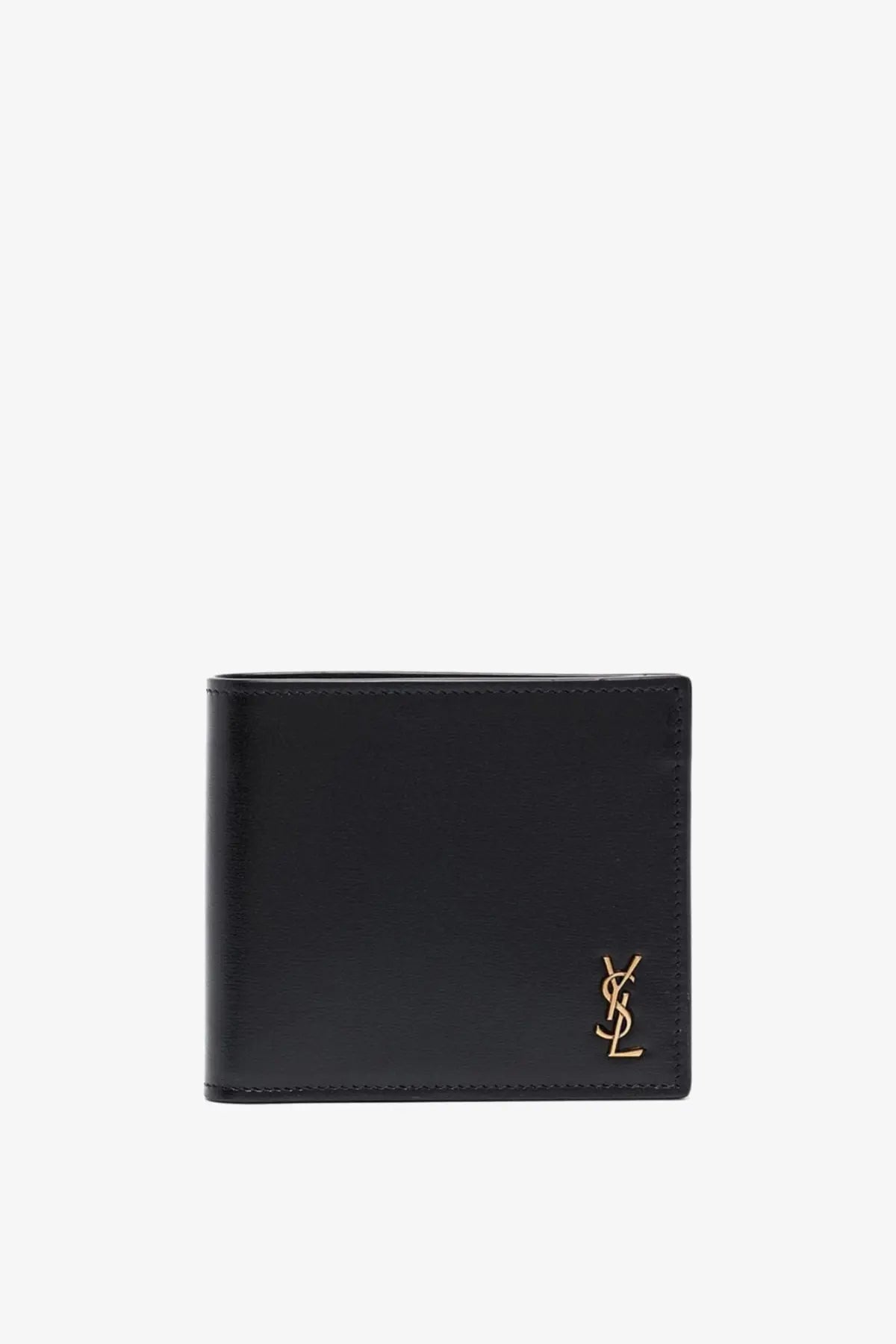 Saint Laurent men’s black leather wallet with gold-tone YSL logo emblem front view