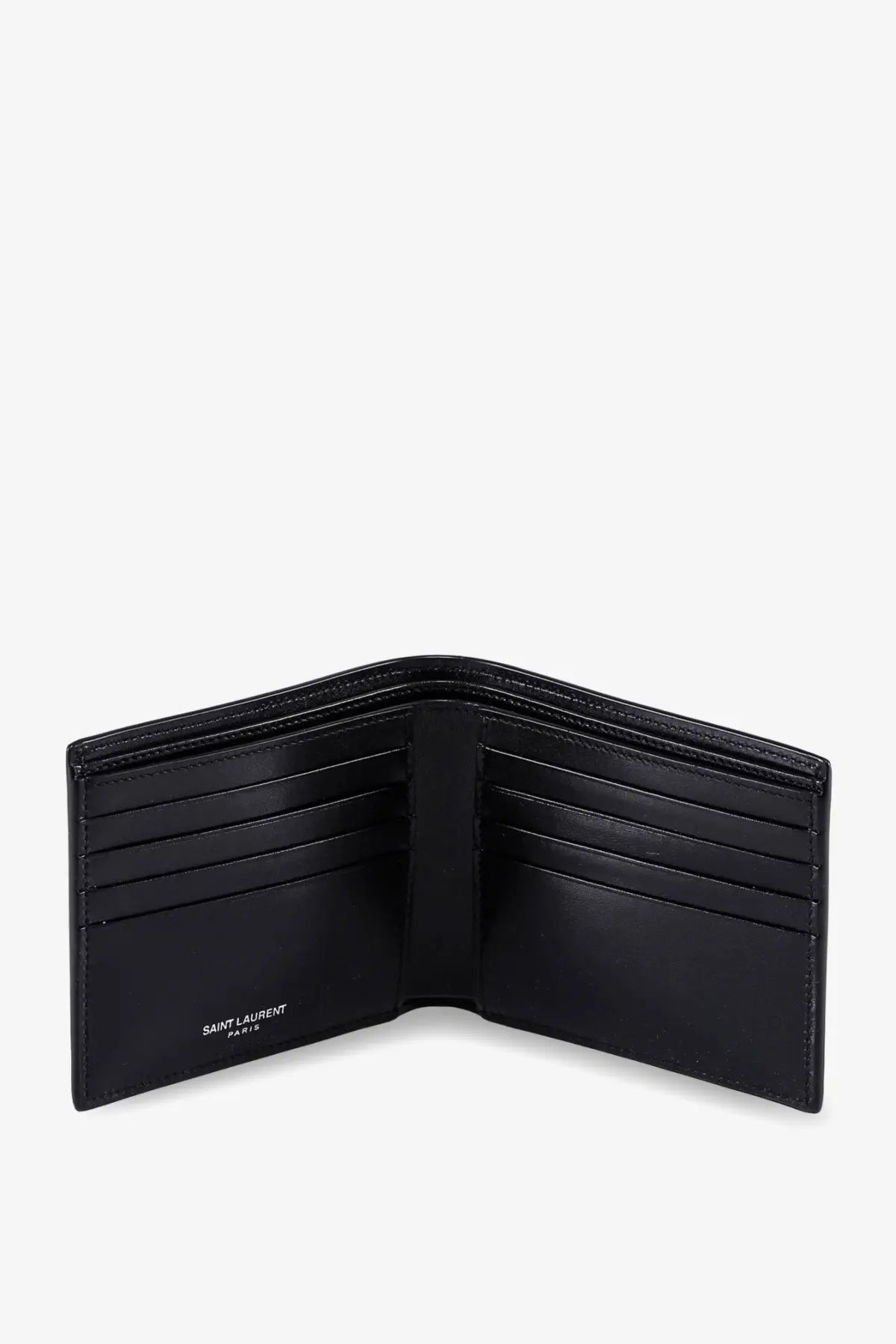 Saint Laurent men’s black leather wallet with multiple card slots and minimalist design for everyday use