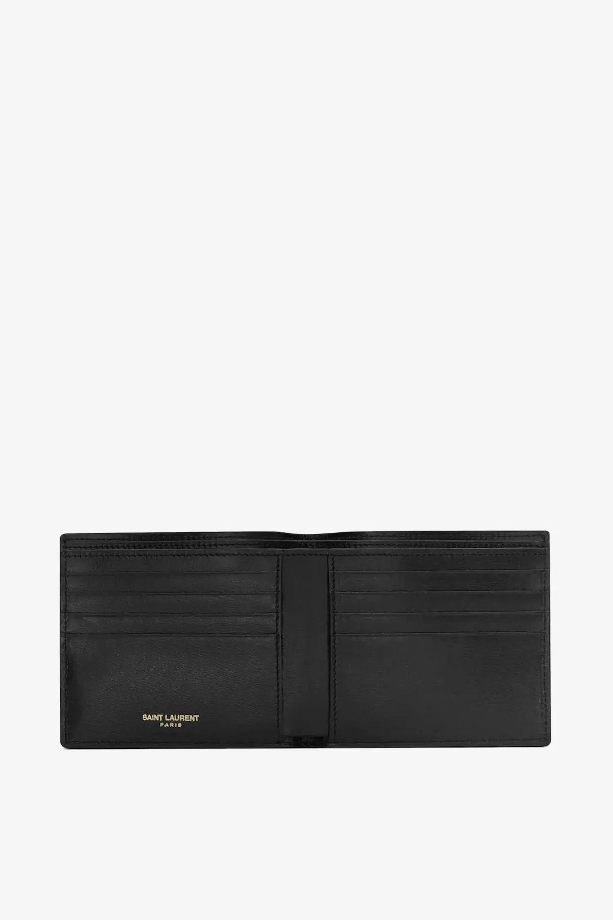Saint Laurent men’s black leather wallet with multiple card slots and central strap for organized storage
