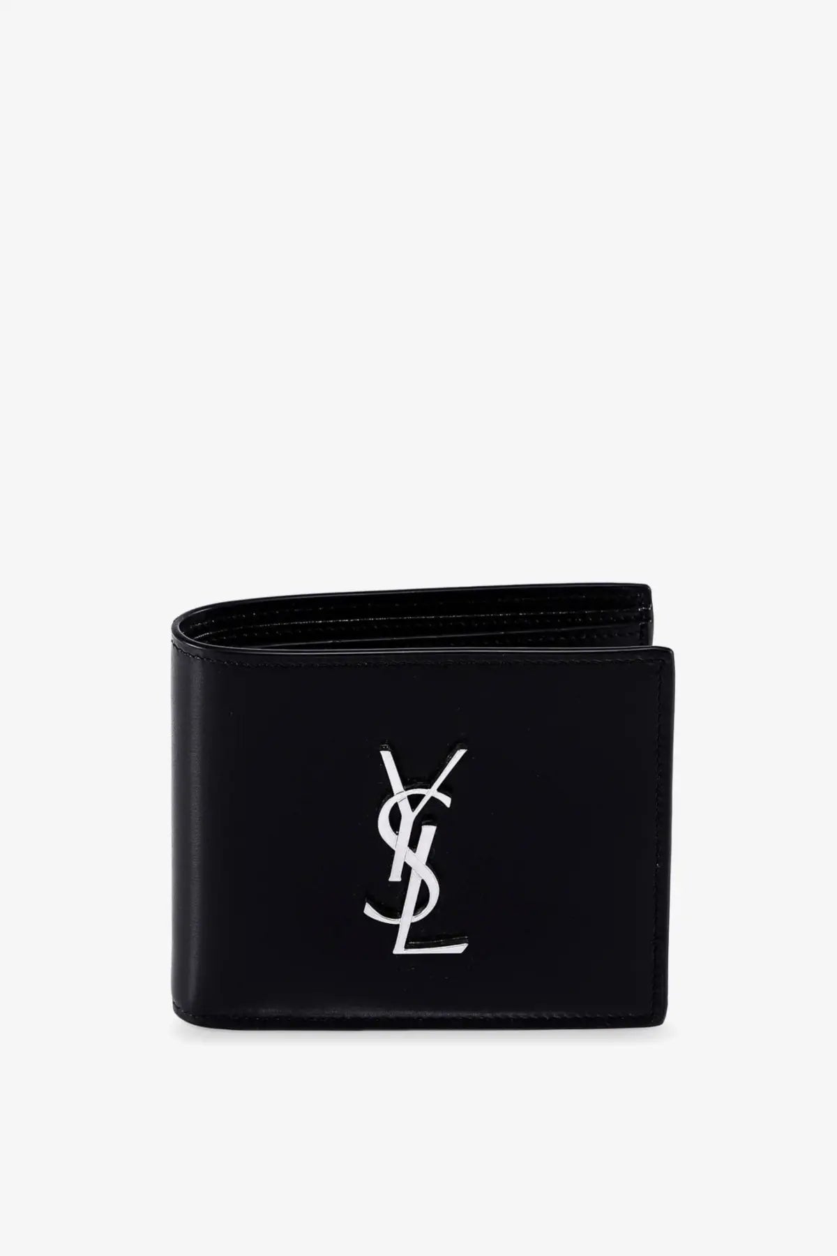 Black leather Saint Laurent men’s wallet featuring a silver YSL logo on the front side