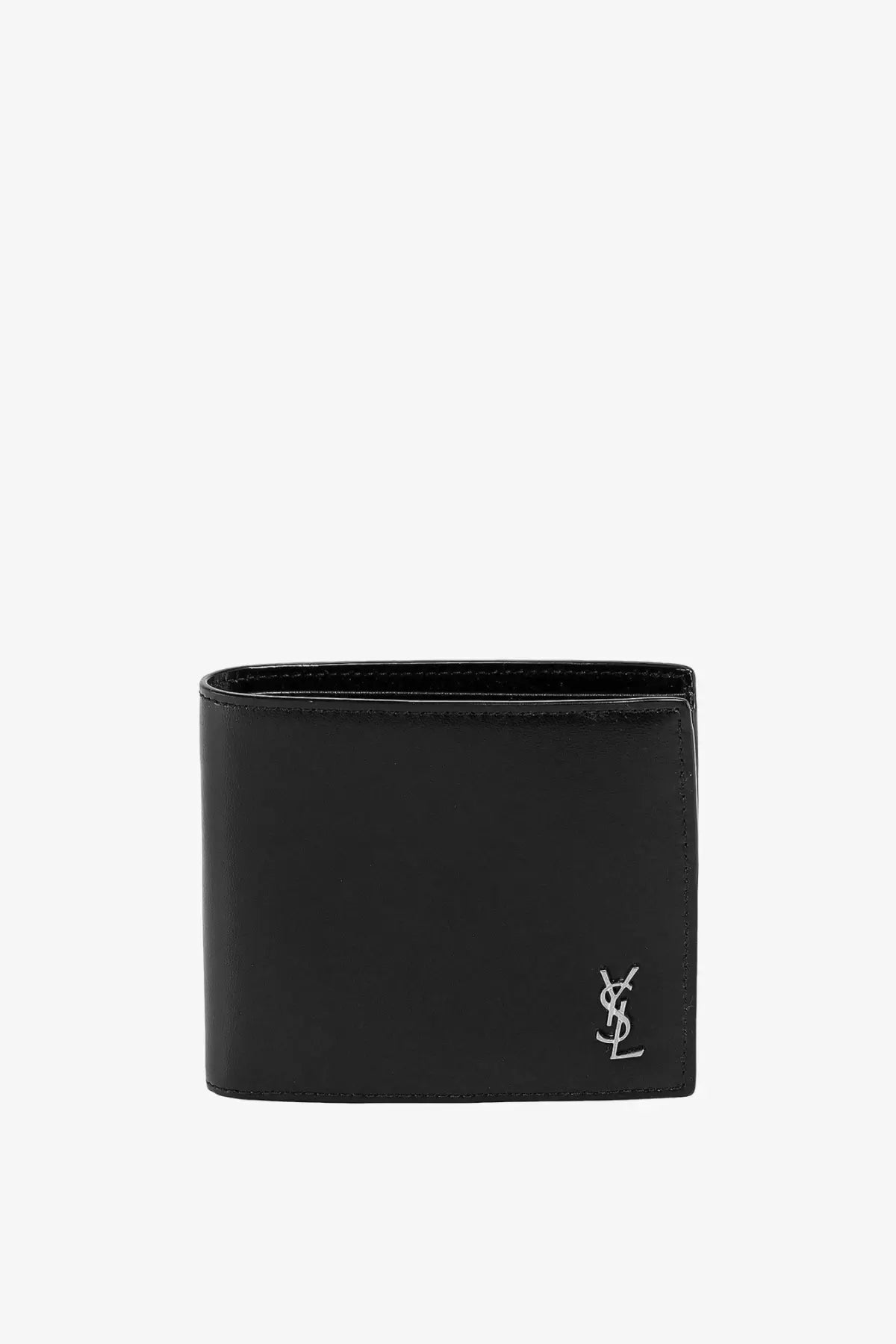 Saint Laurent men’s black leather wallet with a subtle silver YSL logo on the lower right corner
