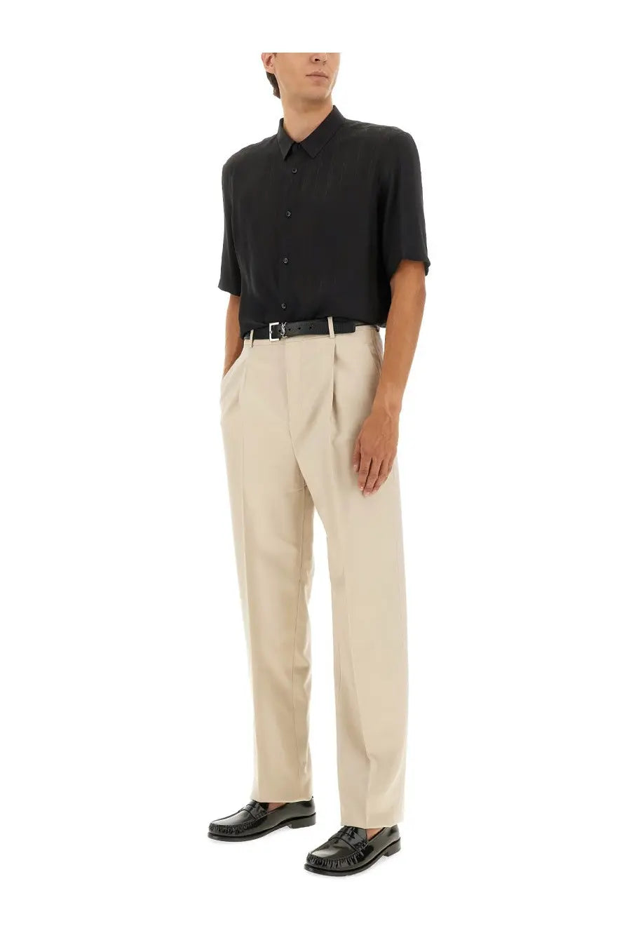 Saint Laurent men’s light wool beige trousers with tailored fit pleats and subtle creases