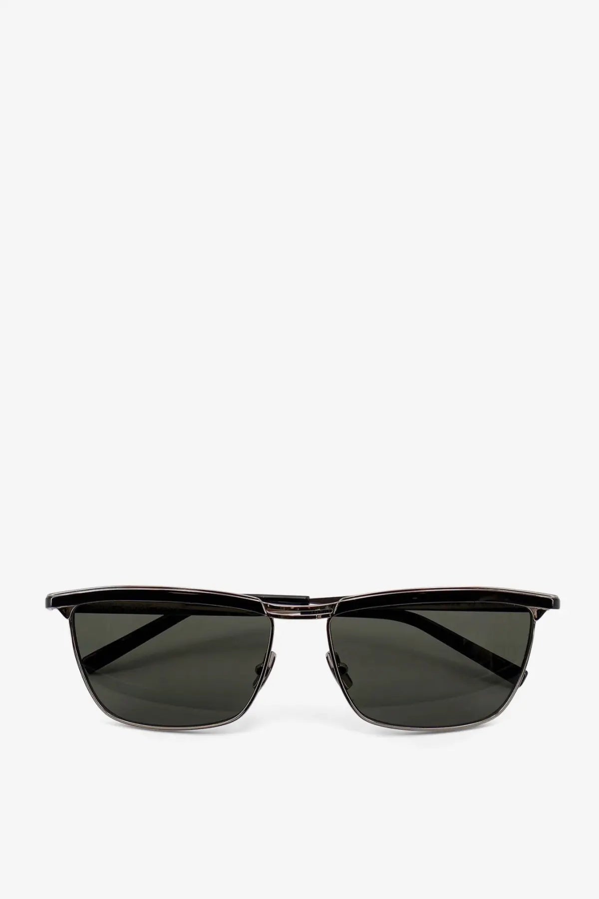 Saint Laurent men’s metal sunglasses with black rectangular frames and dark gray lenses in a sleek modern design