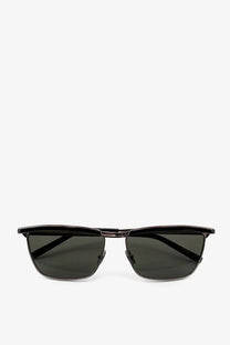 Saint Laurent men’s metal sunglasses with black rectangular frames and dark gray lenses in a sleek modern design
