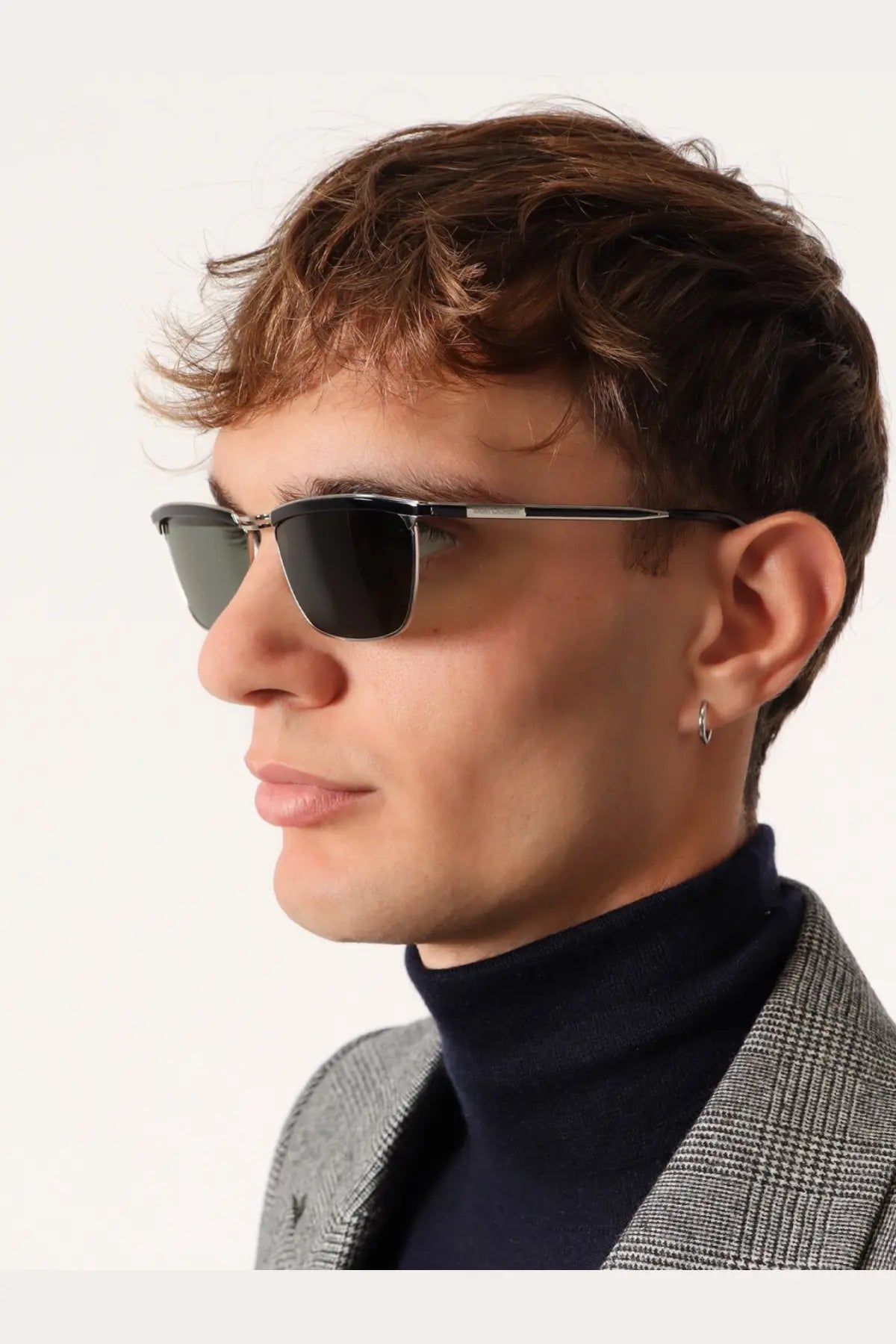 Saint Laurent men’s metal sunglasses with black rectangular lenses and a sleek metallic grey frame