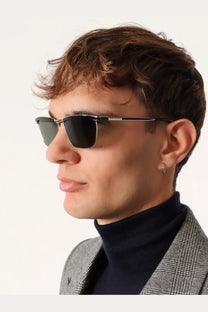 Saint Laurent men’s metal sunglasses with black rectangular lenses and a sleek metallic grey frame
