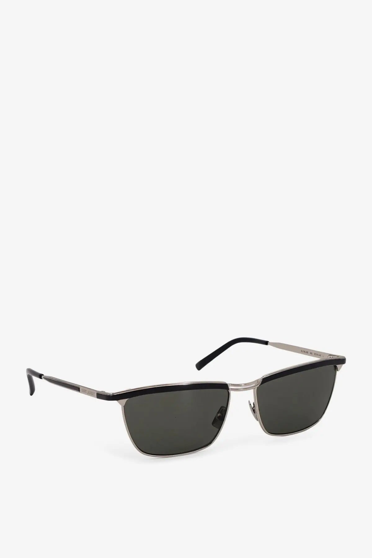 Saint Laurent men’s metal sunglasses in black and silver with dark gray rectangular lenses