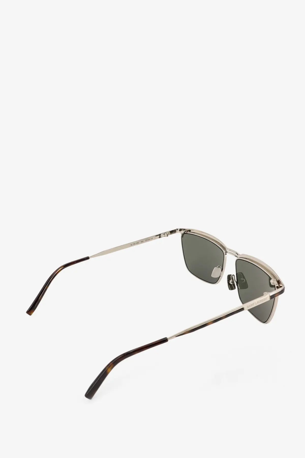 Saint Laurent men’s metal sunglasses in silver with dark gray rectangular lenses and tortoiseshell temple tips