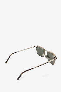Saint Laurent men’s metal sunglasses in silver with dark gray rectangular lenses and tortoiseshell temple tips