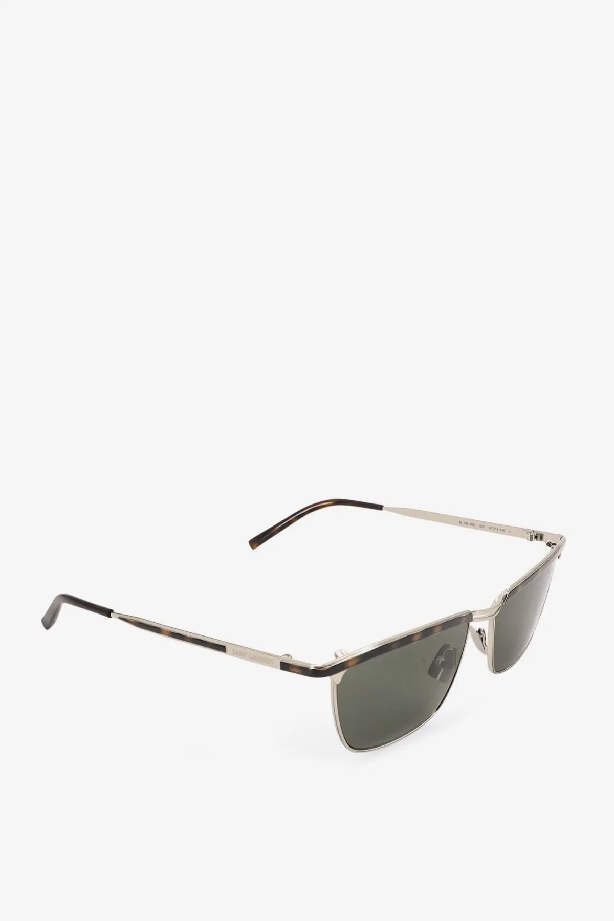 Silver-framed Saint Laurent men’s metal sunglasses with dark green lenses and tortoiseshell temple tips in grey