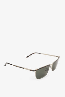 Silver-framed Saint Laurent men’s metal sunglasses with dark green lenses and tortoiseshell temple tips in grey