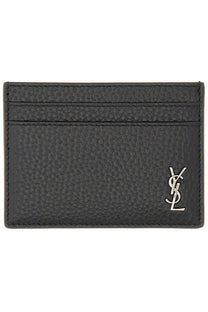 Saint Laurent men’s monogram card holder in black textured leather with silver YSL logo emblem